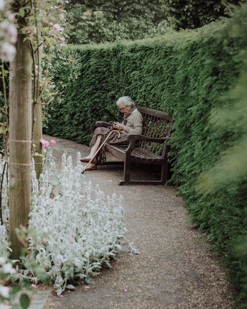 elderly woman sitting outdoors on a bench
