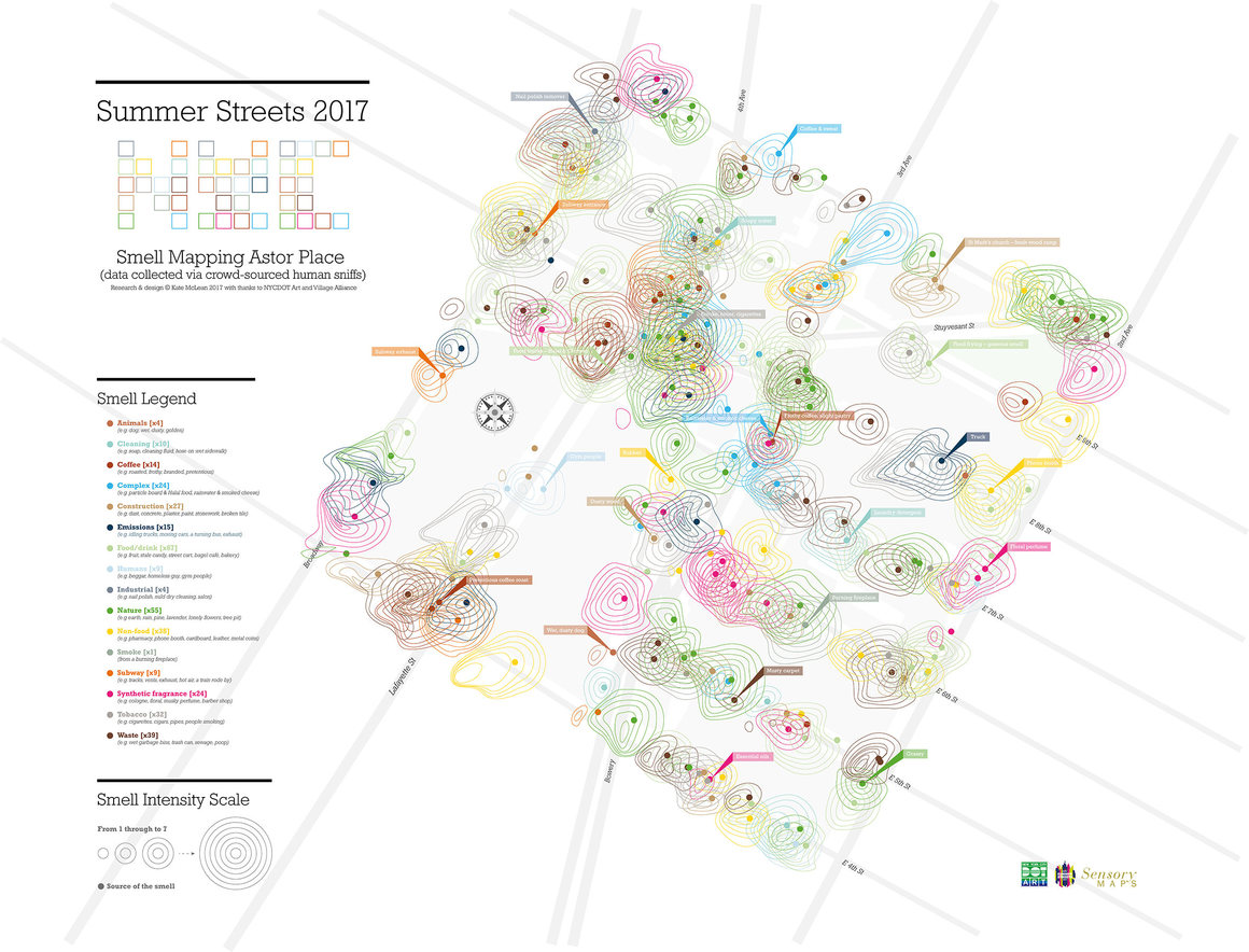 A visualization of smells captured via "crowdsourced human sniffs" during summer 2017 in Astor Place, New York City. 