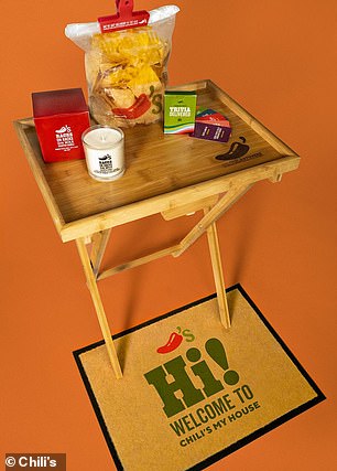 All this: The pack also comes with a custom doormat, a wooden TV tray, a trivia game, and a chip clip as well
