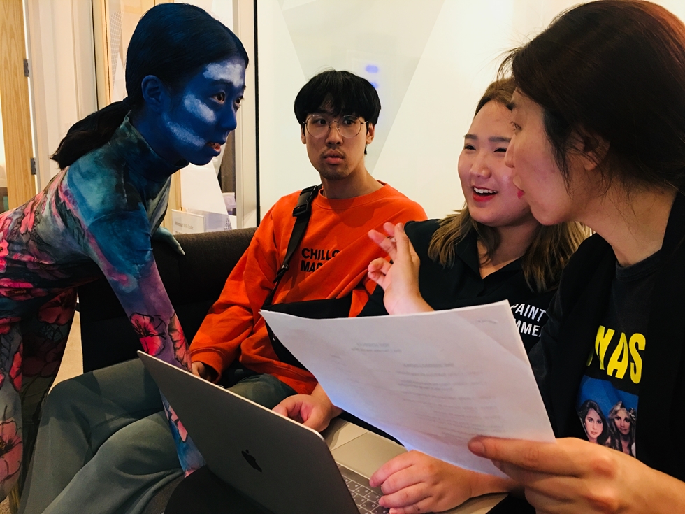 Choreographers and dancers Park Jina, left, and Heo Ji-eun perform at a set located in Microsoft's Mixed Reality Capture Studios in San Francisco in July 2018. / Courtesy of Production Company ONN