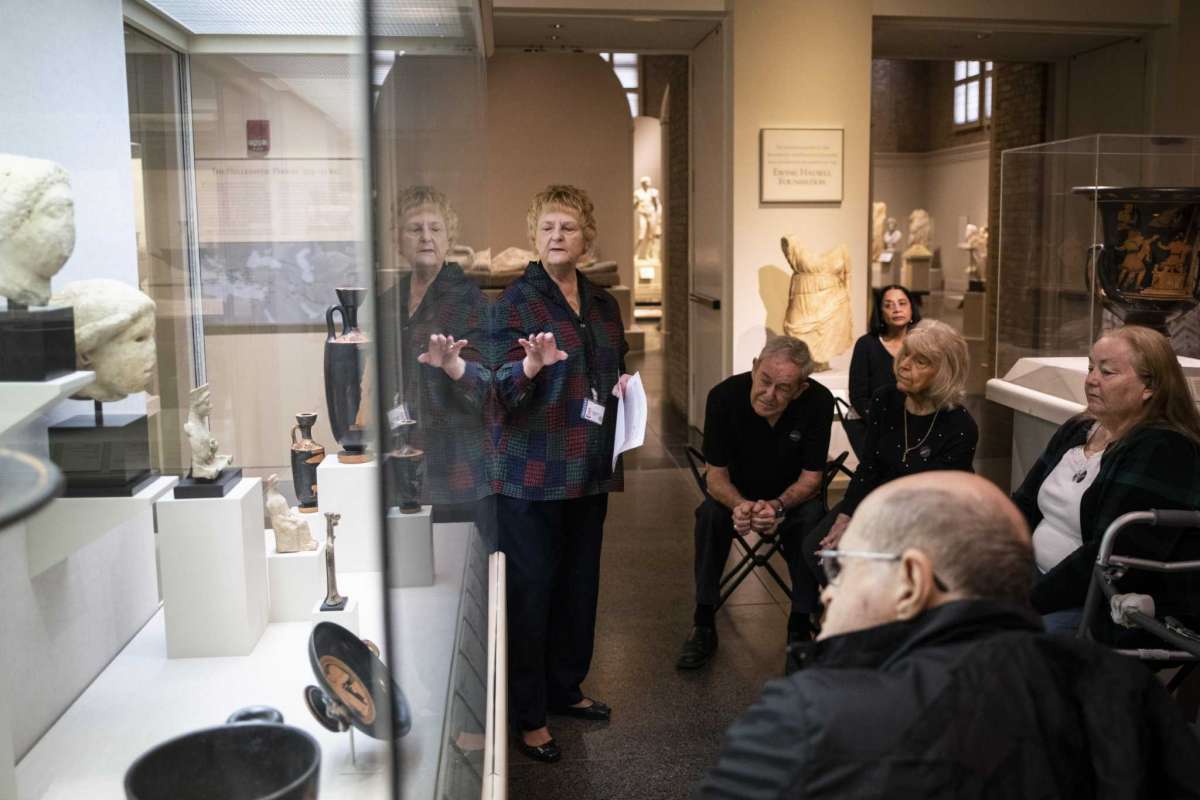 Susanne O’Brien, a docent at the San Antonio Museum of Art, describes the depiction of the Greek goddess Nike, during a sensory tour on Saturday, March 7, 2020.