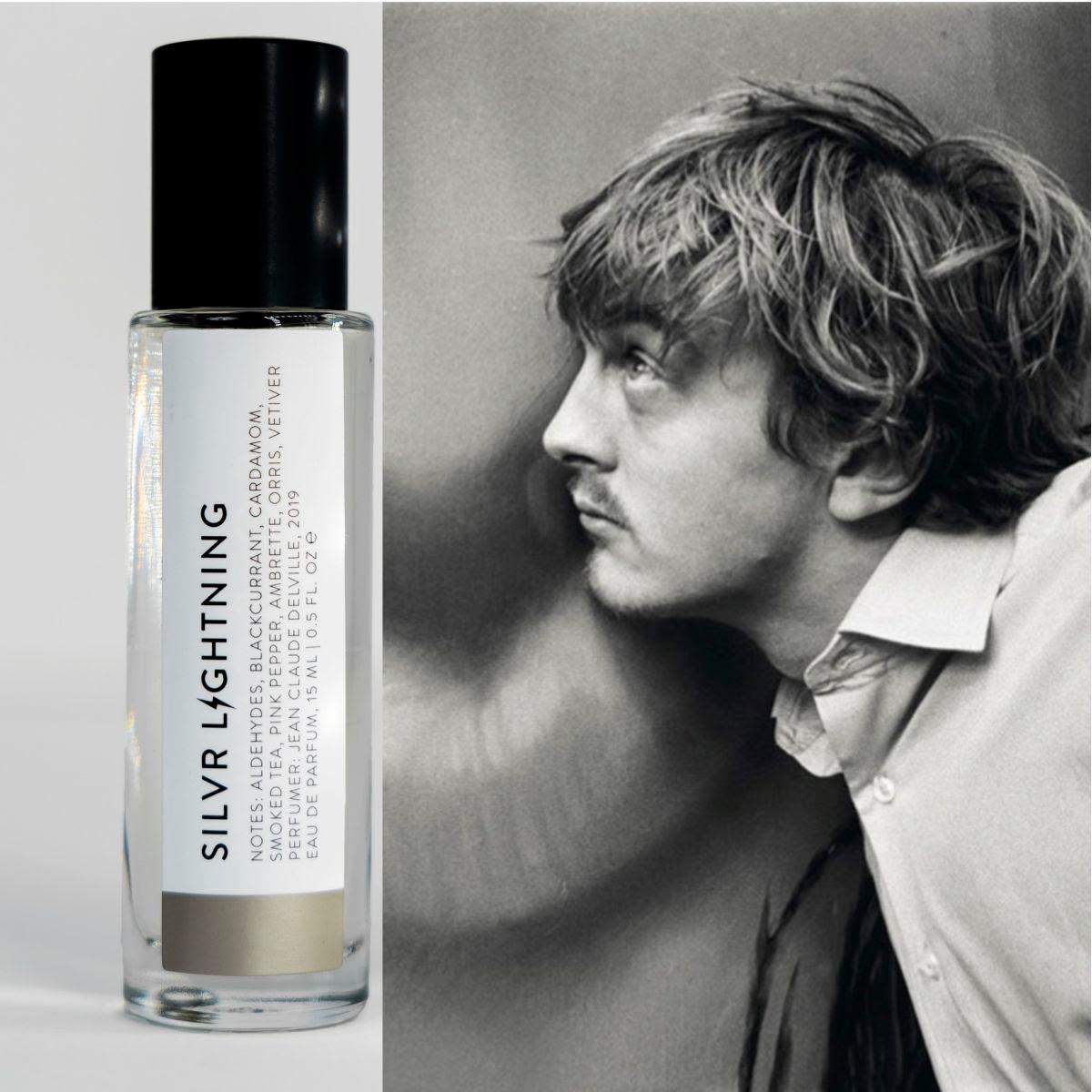 black and white photo of man looking upward by Denis Hopper, Silvr Lightning fragrance with grey label