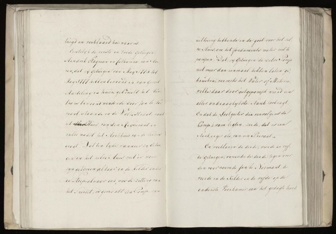 An open book with pages showing text that describes Amsterdam in the 18th century as a "beautiful virgin with a stinking breath."