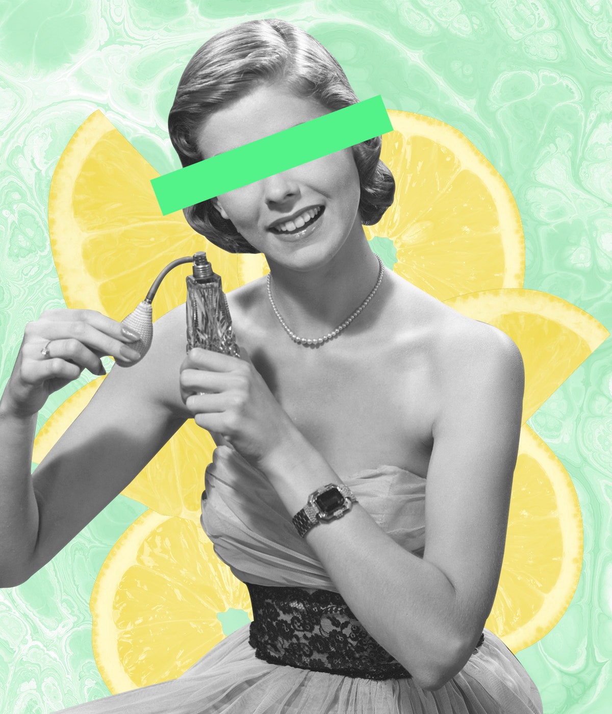 photo collage of a black and white woman in 1950s style dress holding a perfume bottle up to her face. there are yellow...