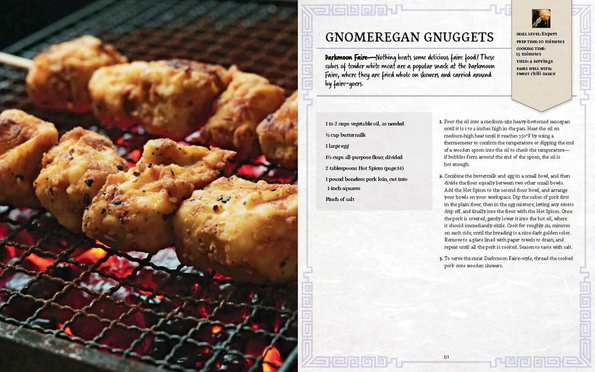 World of Warcraft: New Flavors of Azeroth: The Official Cookbook - a full two-page spread showing the recipe for Gnomergan Gnuggets, including a shot of the food itself