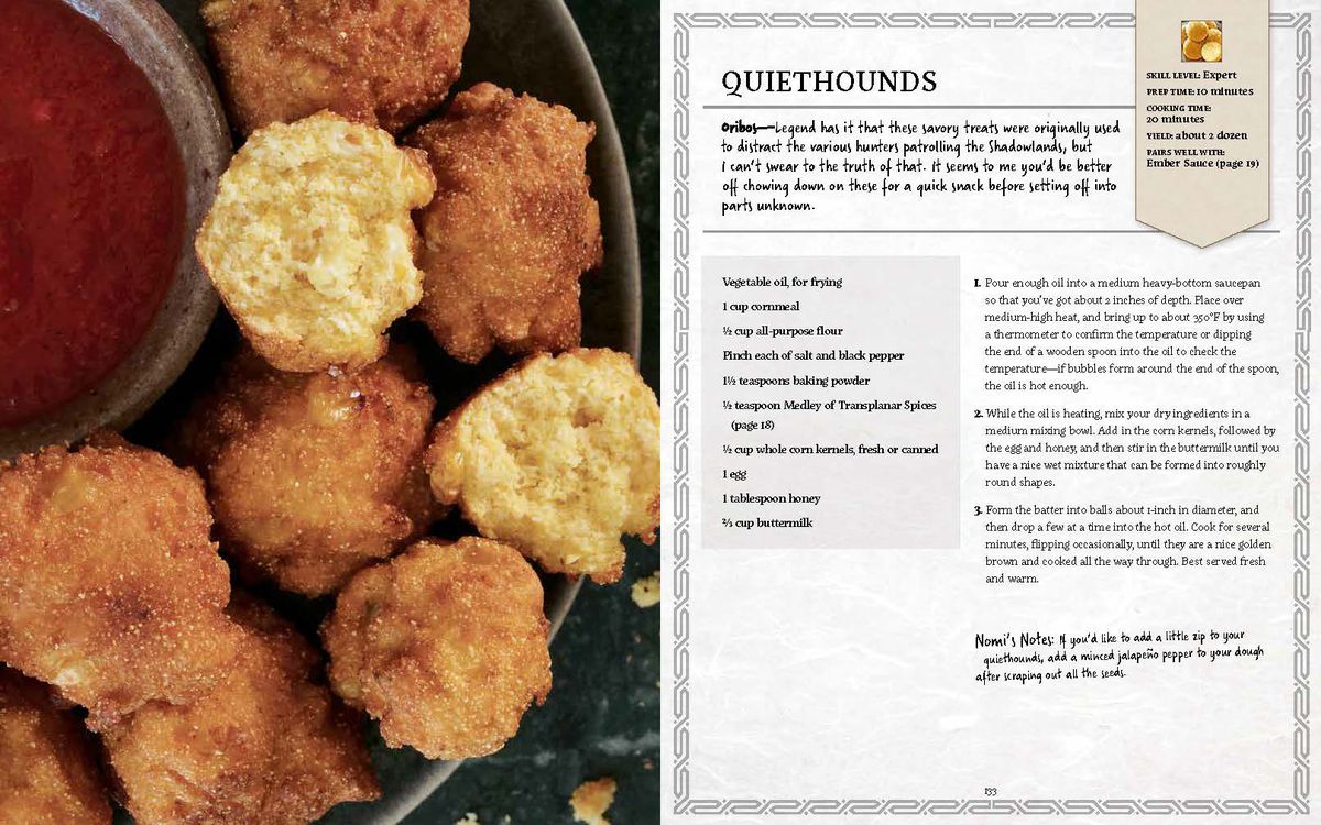 World of Warcraft: New Flavors of Azeroth: The Official Cookbook - a two page spread for Quiethound meat, which is a beast that comes from the Shadowlands of Death. The recipe has been altered to be craftable by mortal hands.