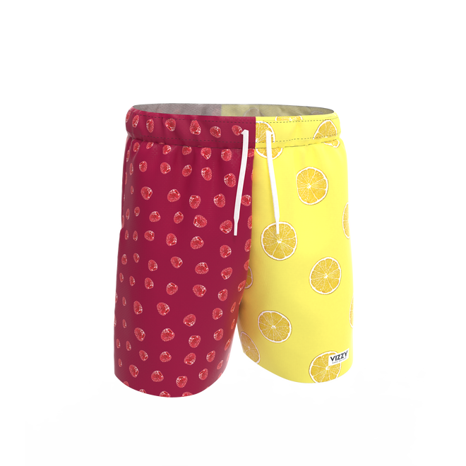 These are Vizzy’s Seltzer Szn Swimwear's Raspberry Lemonade swim trunks.