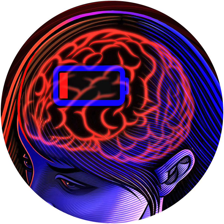 A human figure’s brain with a “low battery” icon on it.