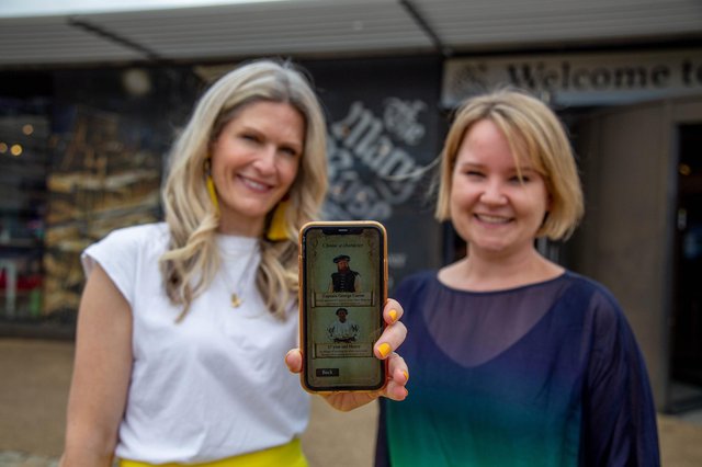 Mary Rose multi-sensory Augmented Reality experiece at the Mary Rose Museum, Historic Dockyard, Portsmouth on 7th July 2022 Pictured: Charlotte Mikkelborg, Director of Time Detectives AR app and Dr Hannah Platts, Academic lead of the project with the AR App on their phone Picture: Habibur Rahman