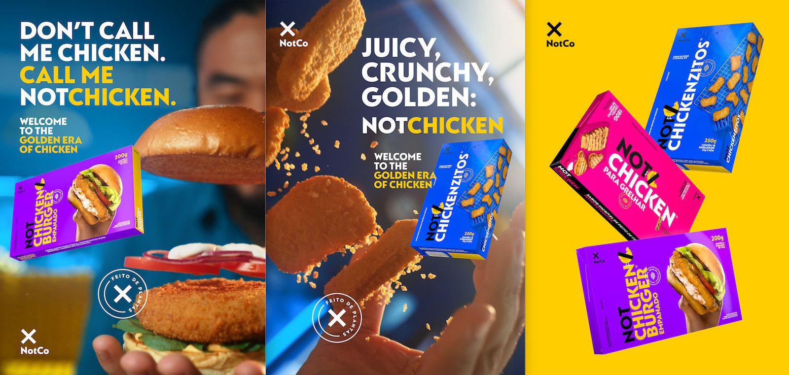 Three ads for NotChicken: One featuring a chicken sandwich and the NotChicken Burger box, one with a hand tossing NotChickenzitos nuggets, and one with boxes of the three NotChicken products.