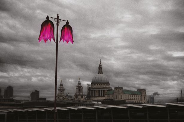 One of Robert's pieces of art depicting St Paul's Cathedral with flower lamp posts nearby